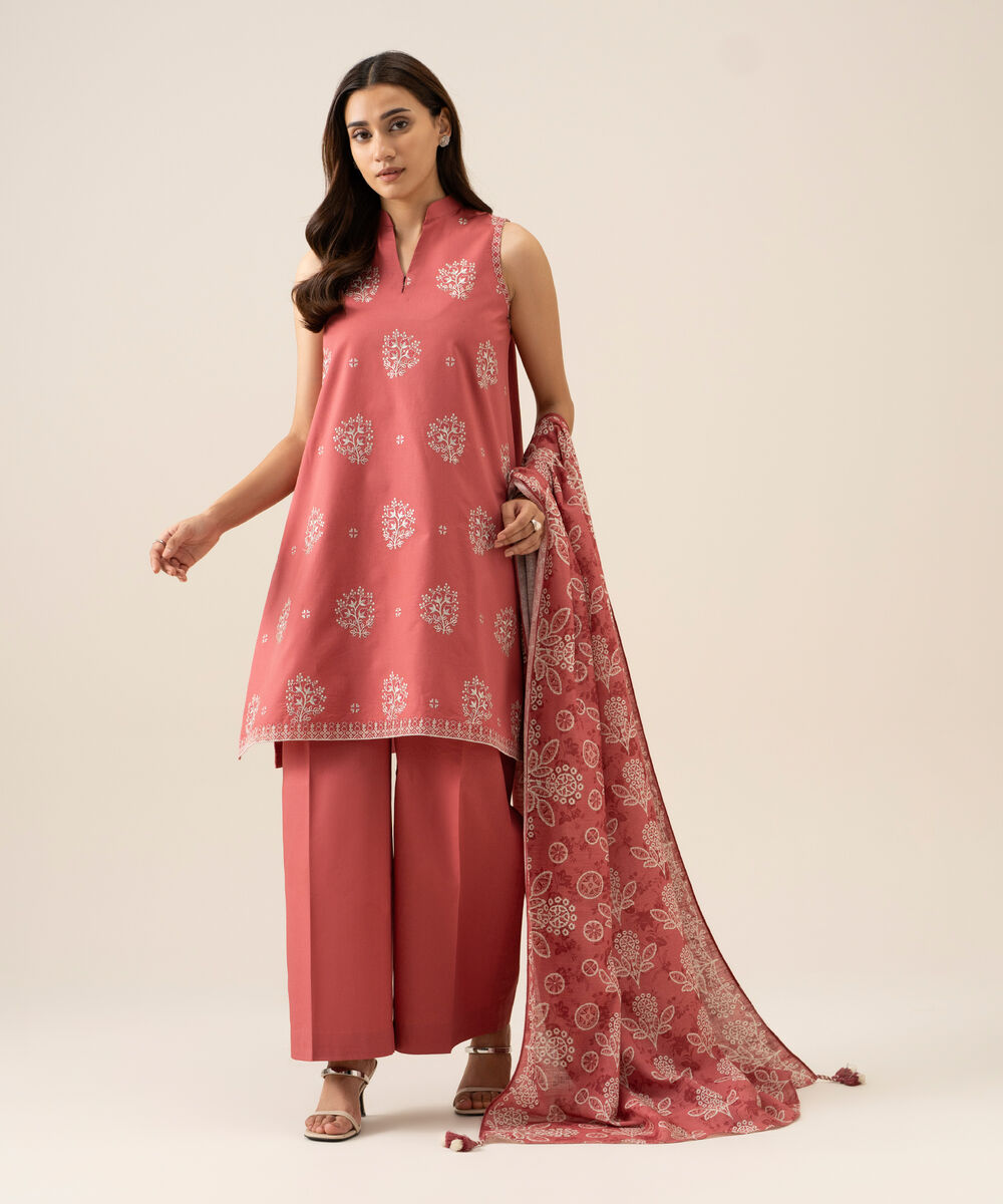 Women's Unstitched Lawn Embroidered Peach 3 Piece Suit