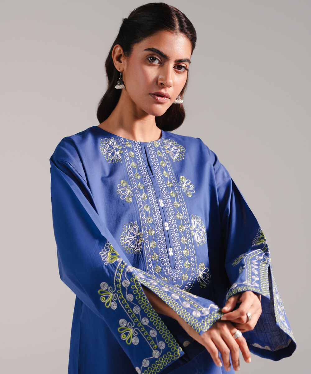 Women's RTW Crosshatch Embroidered Dark Blue Straight Shirt