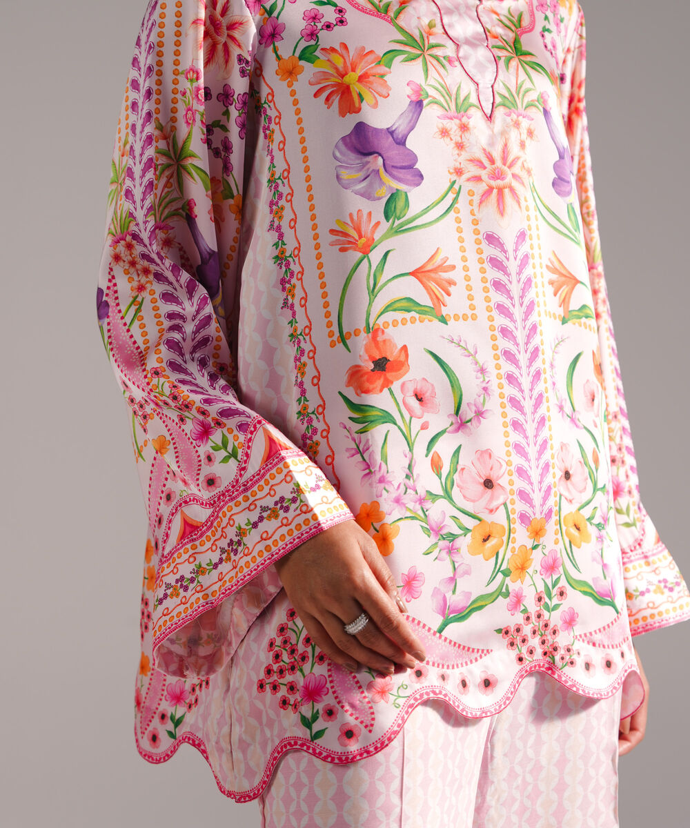 Women's RTW Blended Satin Printed Pink 2 Piece Suit