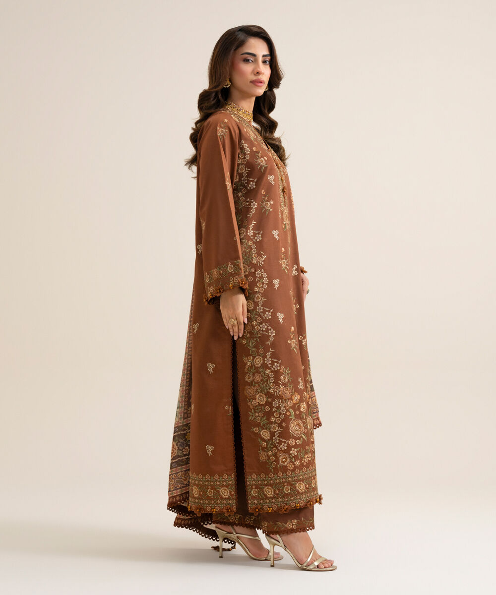 Women's Unstitched Fine Cotton Satin Embroidered Light Brown & Off White 3 Piece Suit
