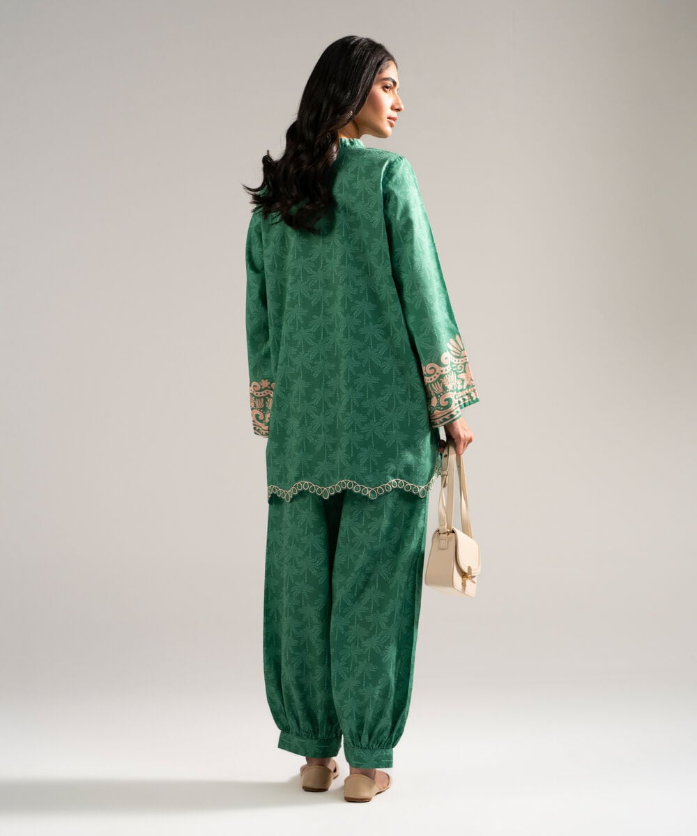 Women's RTW Dobby Embroidered Green Straight Shirt