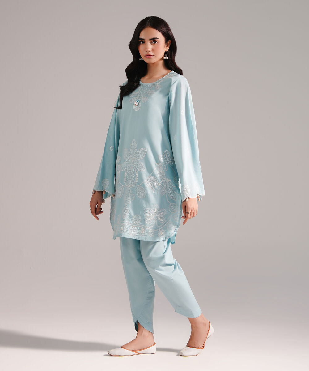 Women's RTW Crosshatch Embroidered Ice Blue Straight Shirt