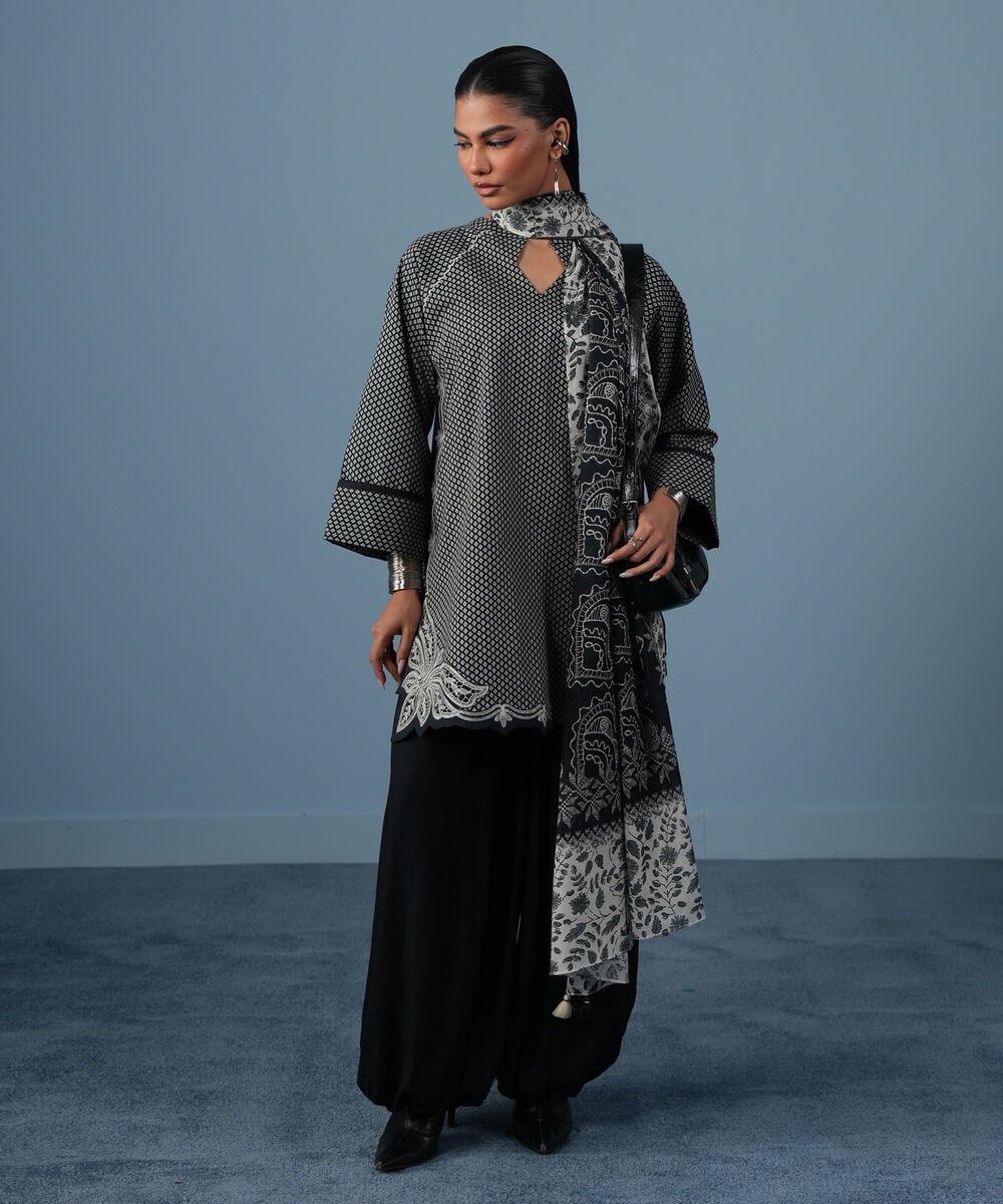 Women's Unstitched Lawn Embroidered Black and Off White 3 Piece Suit