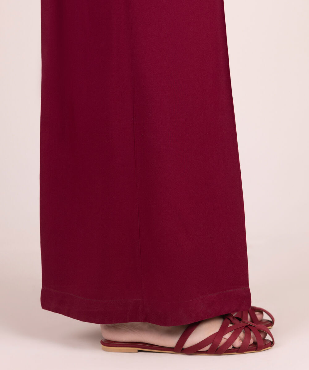 Women's RTW Linen Viscose Solid Maroon Flared Pants