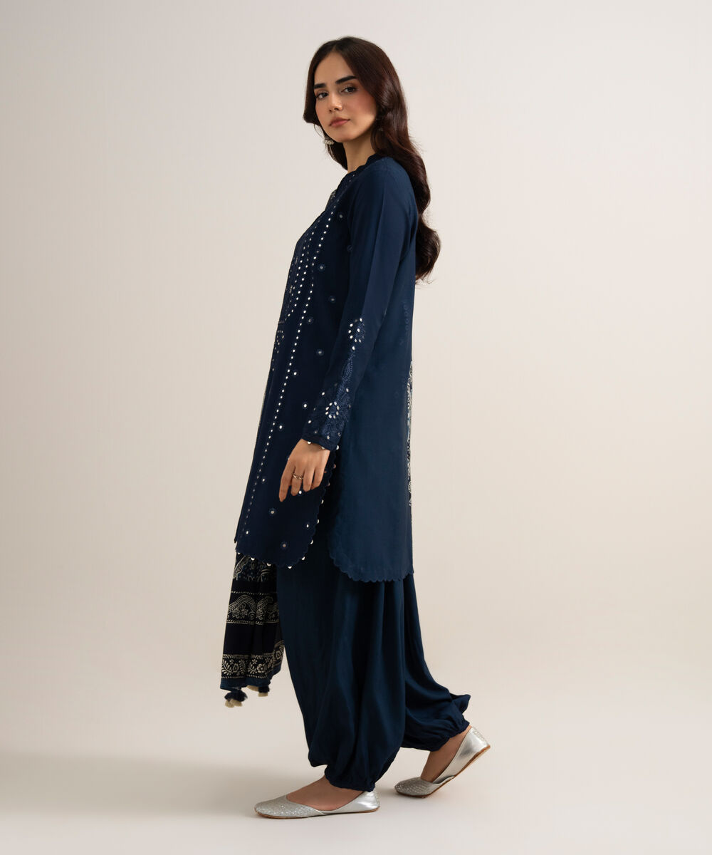 Women's Unstitched Embroidered Linen Blue 3 Piece Suit