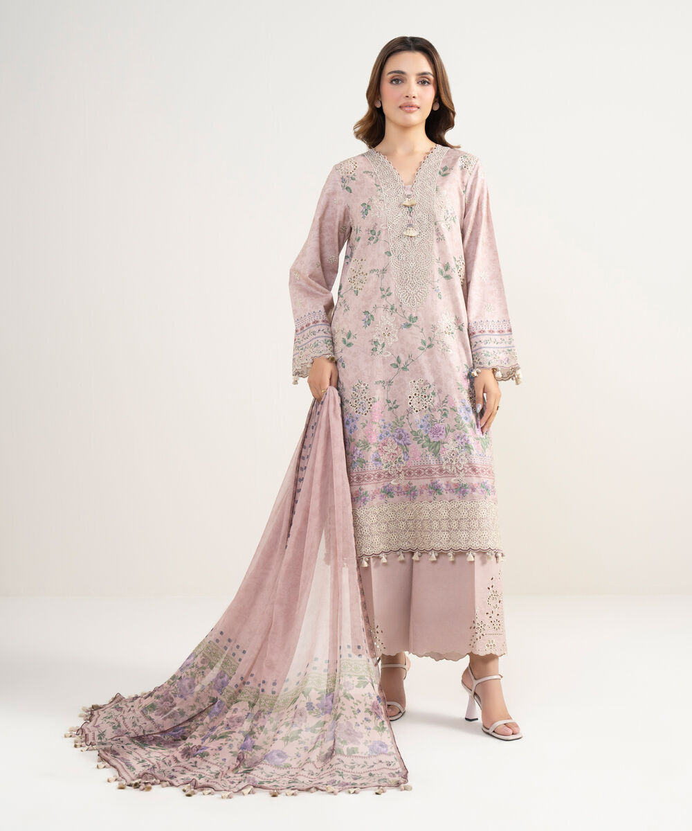 Women's Unstitched Fine Lawn Embroidered Pink 3 Piece Suit