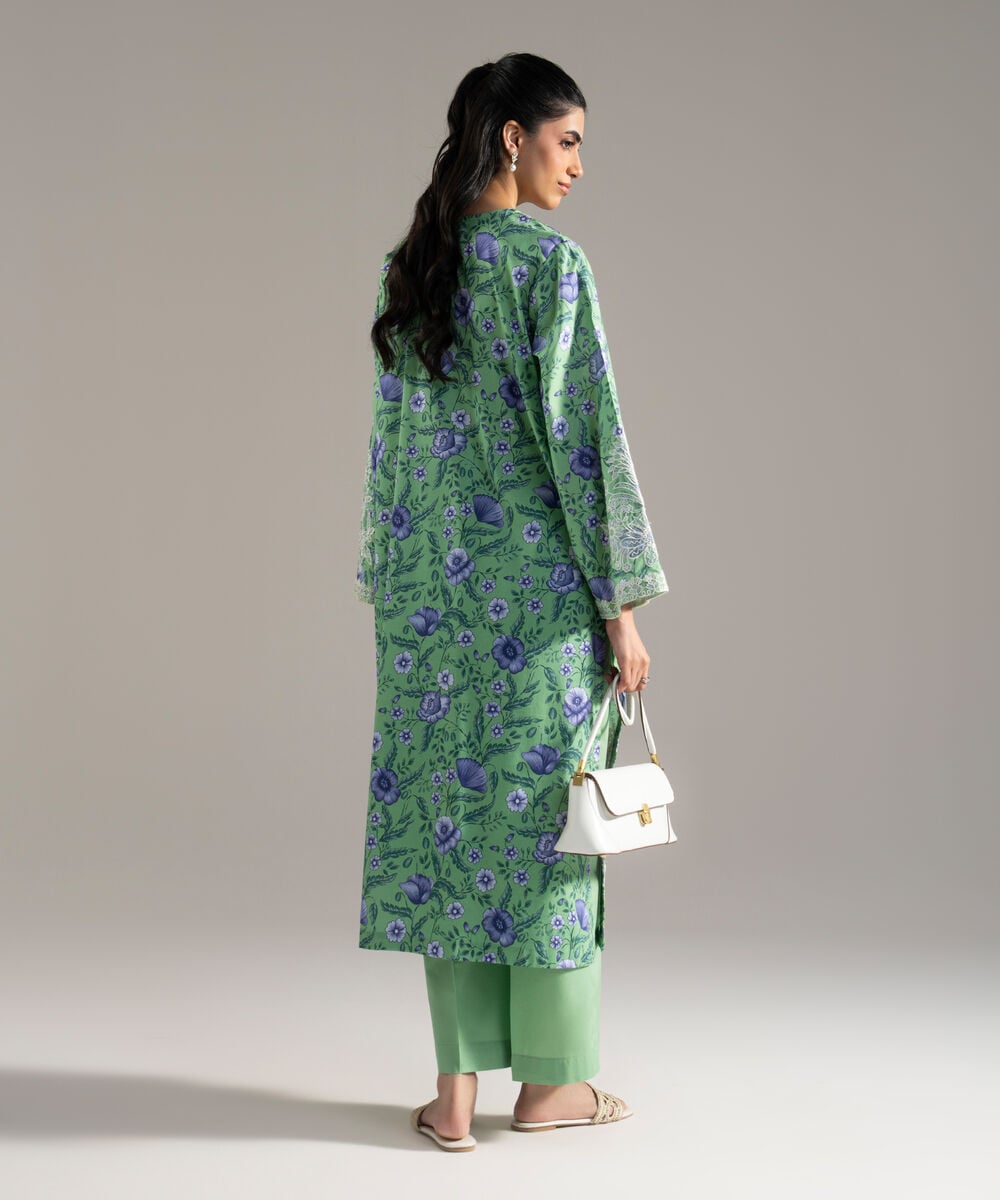 Women's RTW Cotton Viscose Printed Embroidered Green 2 Piece Suit