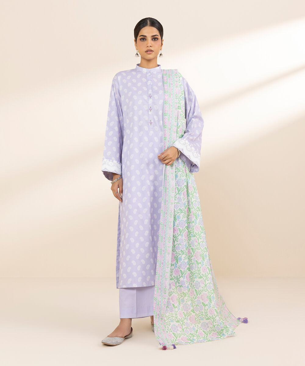 Women's Unstitched Lawn Printed Purple 3 Piece Suit