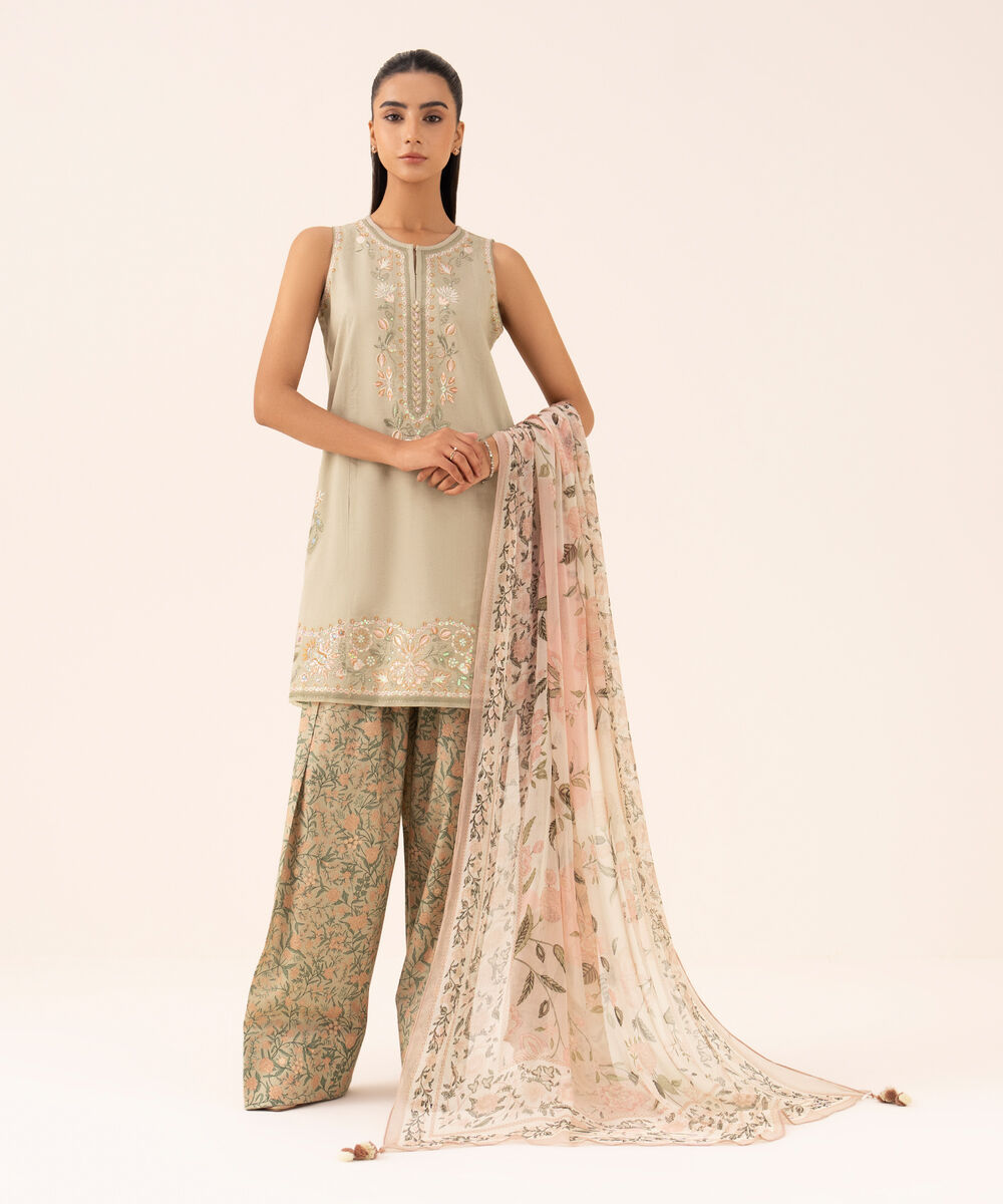 Women's Unstitched Cotton Viscose Embroidered Beige 3 Piece Suit
