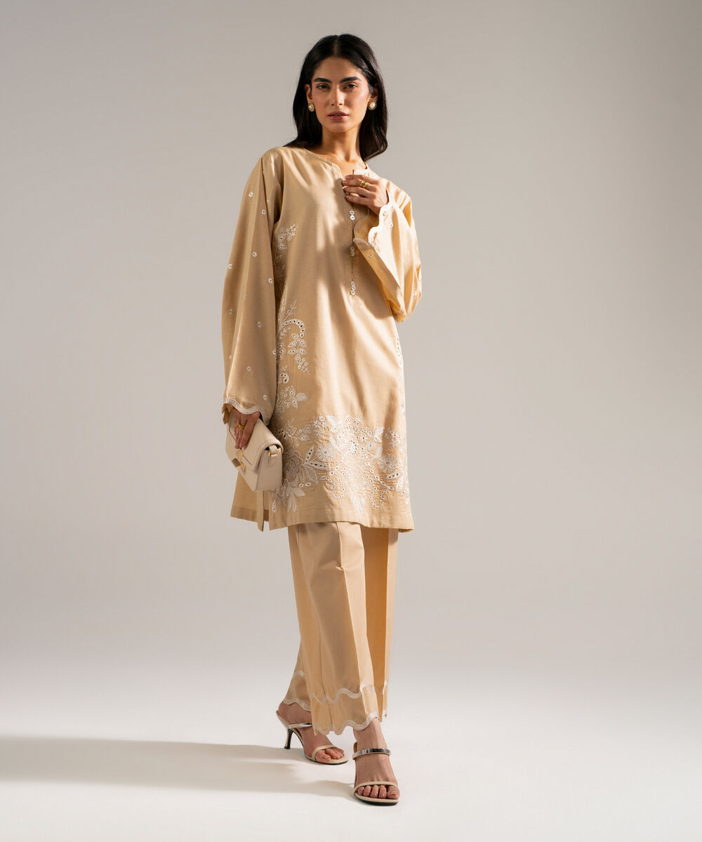 Women's RTW Self Jacquard Embroidered Beige 2 Piece Suit
