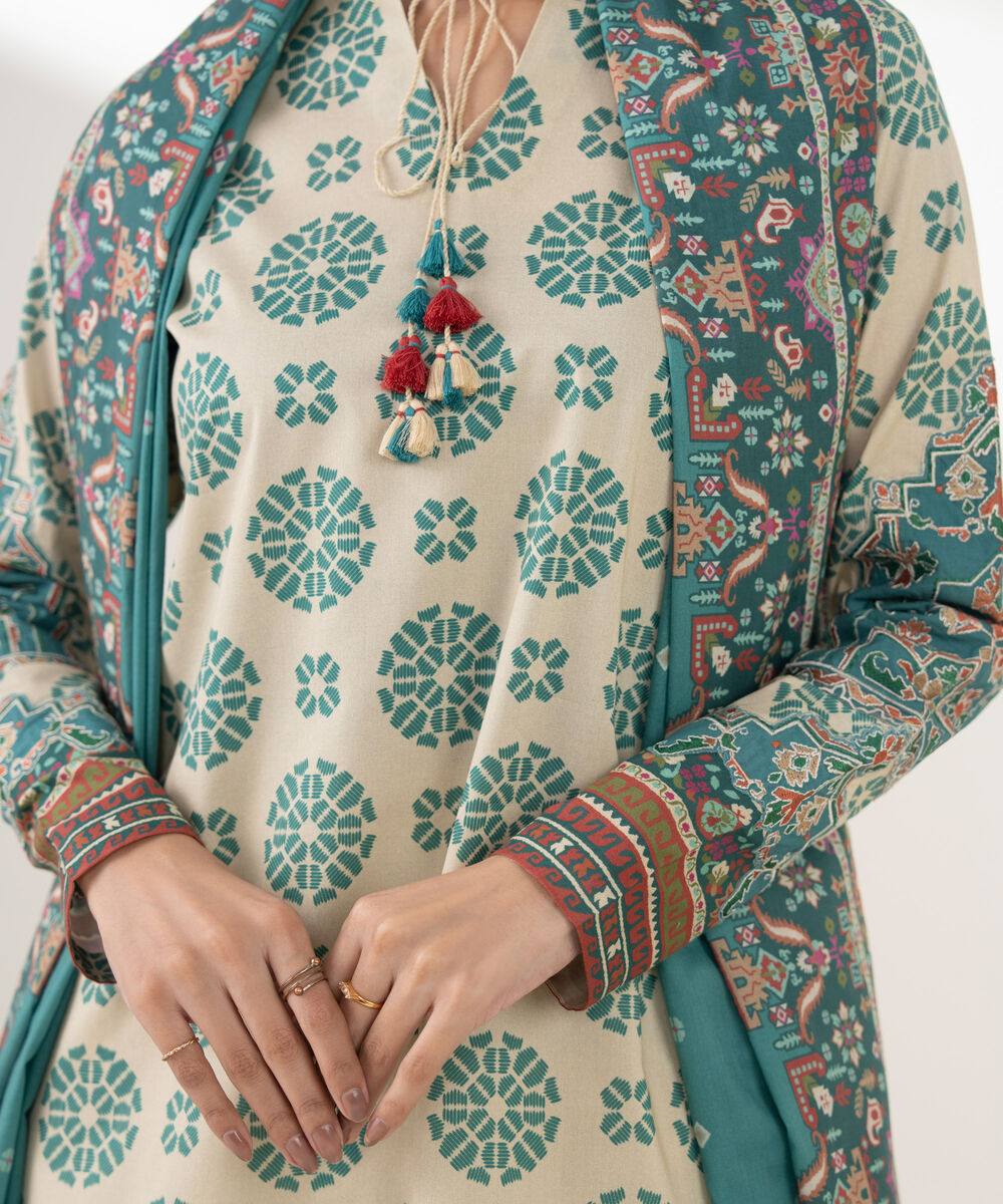 Women's Unstitched Cotton Printed Multi 3 Piece Suit