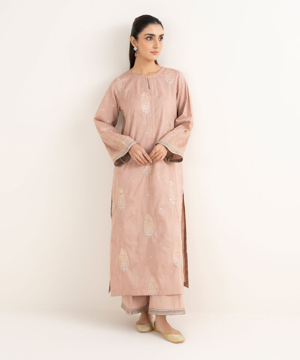 Women's RTW Self Jacquard Leno Embroidered Dusty Pink Straight Shirt