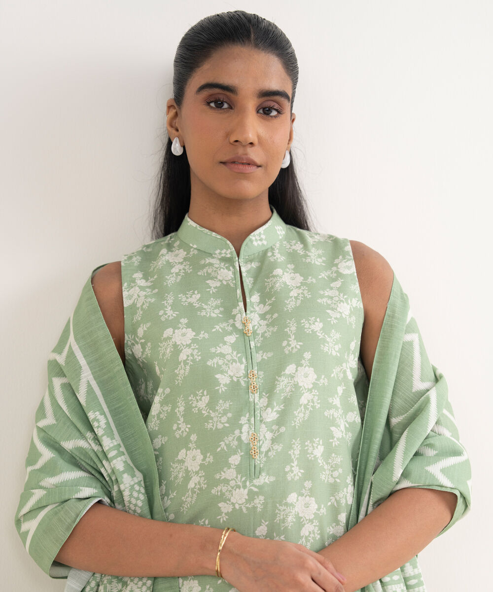 Women's Unstitched Light Khaddar Printed Green 3 Piece Suit