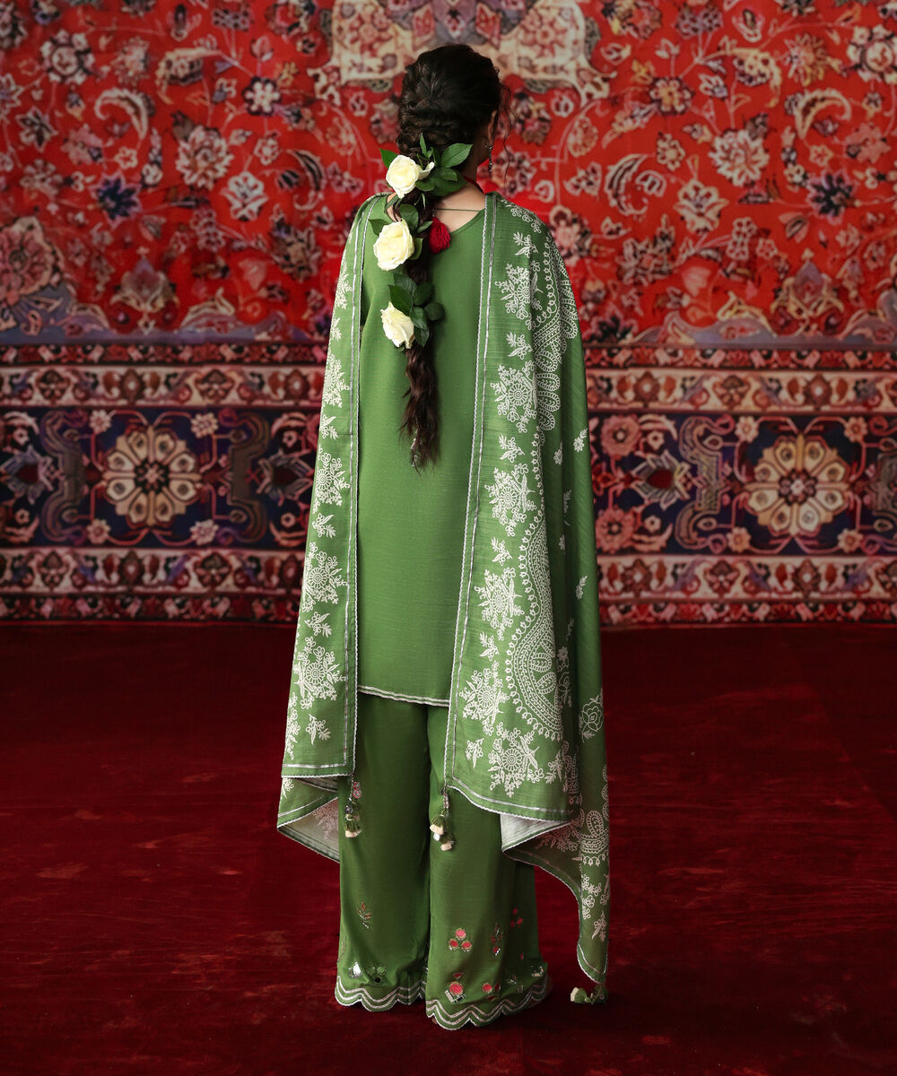 Women's Unstitched Light Khaddar Embroidered Green 3 Piece Suit