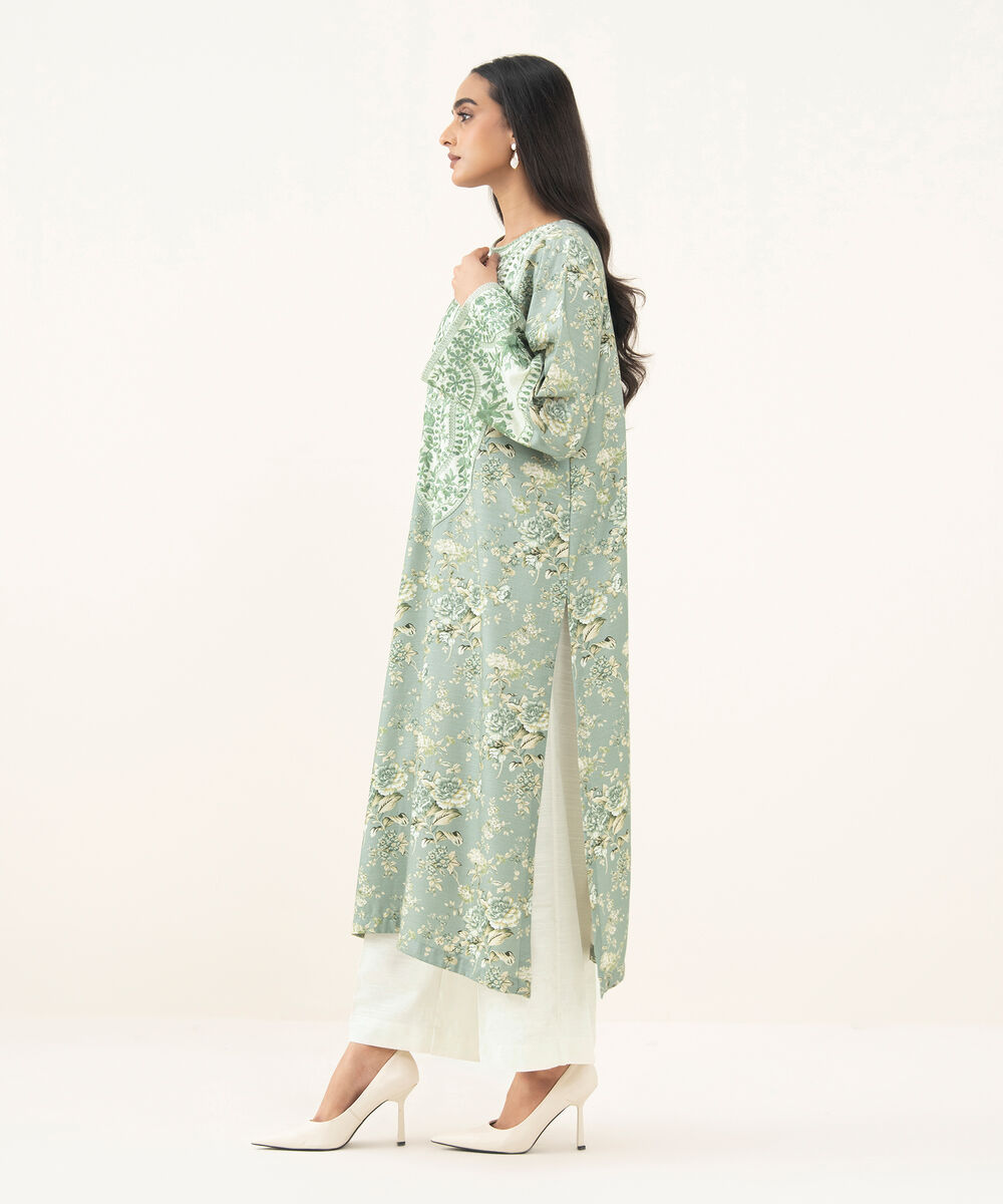 Women's RTW Light Khaddar Embroidered Green A-Line Shirt