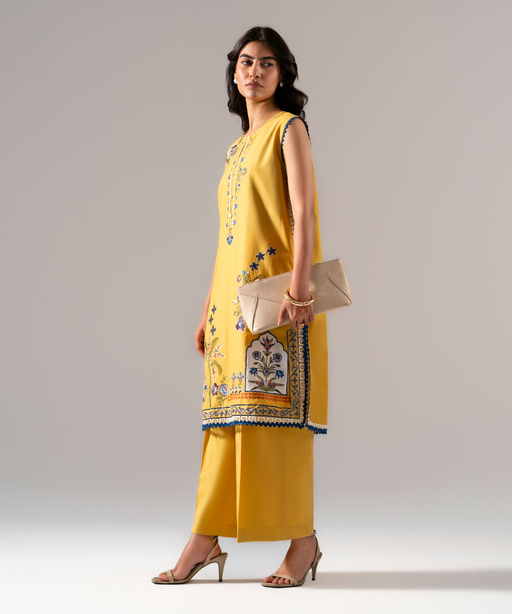 Women's RTW Solid Embroidered Yellow Cotton Viscose Shirt