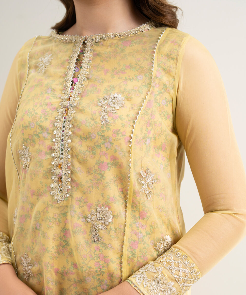 Women's RTW Blended Organza Embroidered Yellow 3 Piece Suit