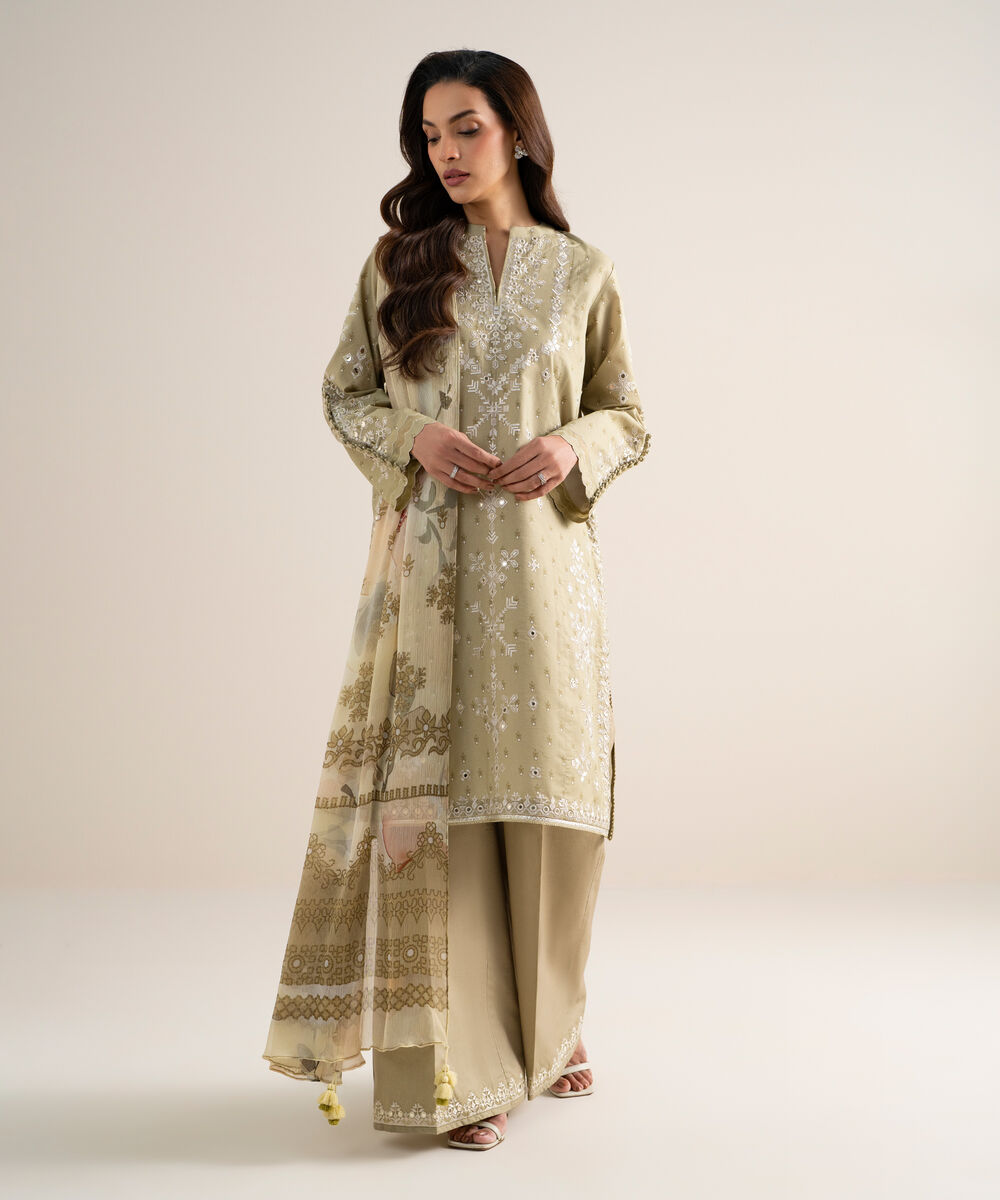 Women's Unstitched Zari Lawn Embroidered Beige 3 Piece Suit