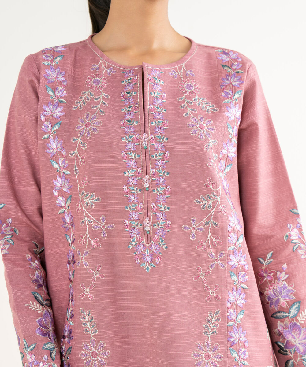 Women's Unstitched Khaddar Embroidered Pink 3 Piece Suit