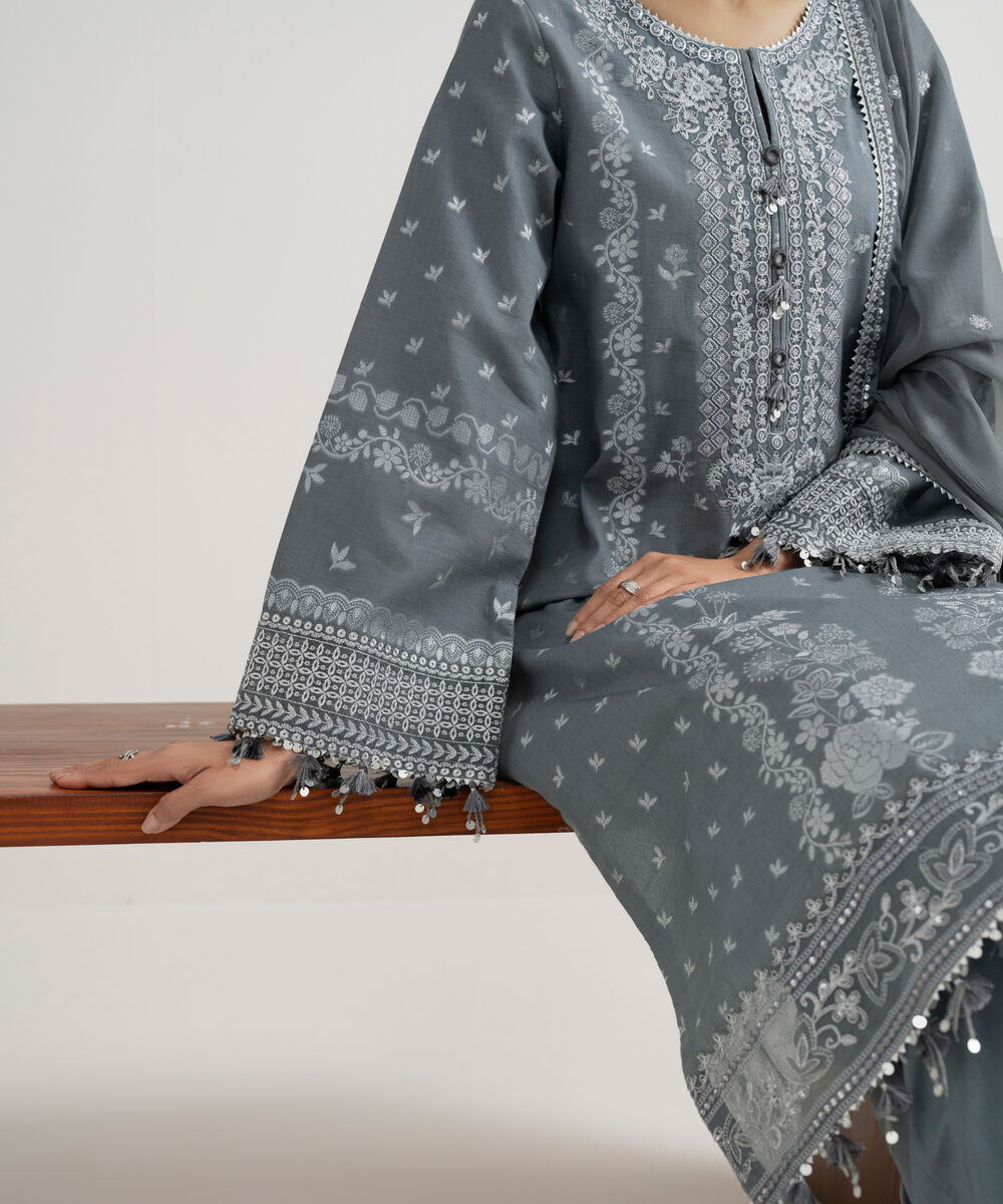 Women's Unstitched Extra Weft Jacquard Embroidered Grey 3 Piece Suit