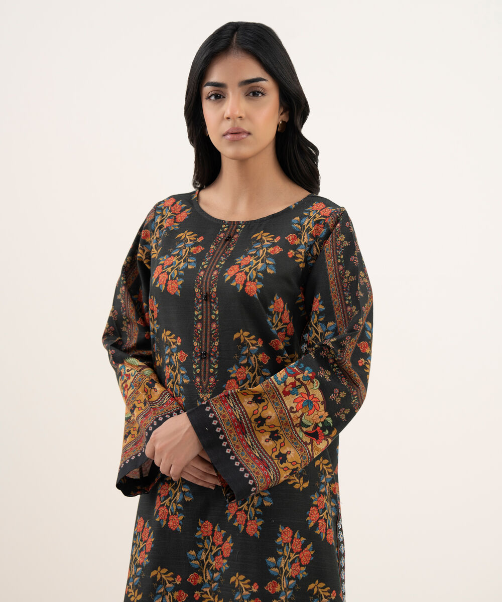 Women's RTW Khaddar Embroidered A-Line Black Shirt
