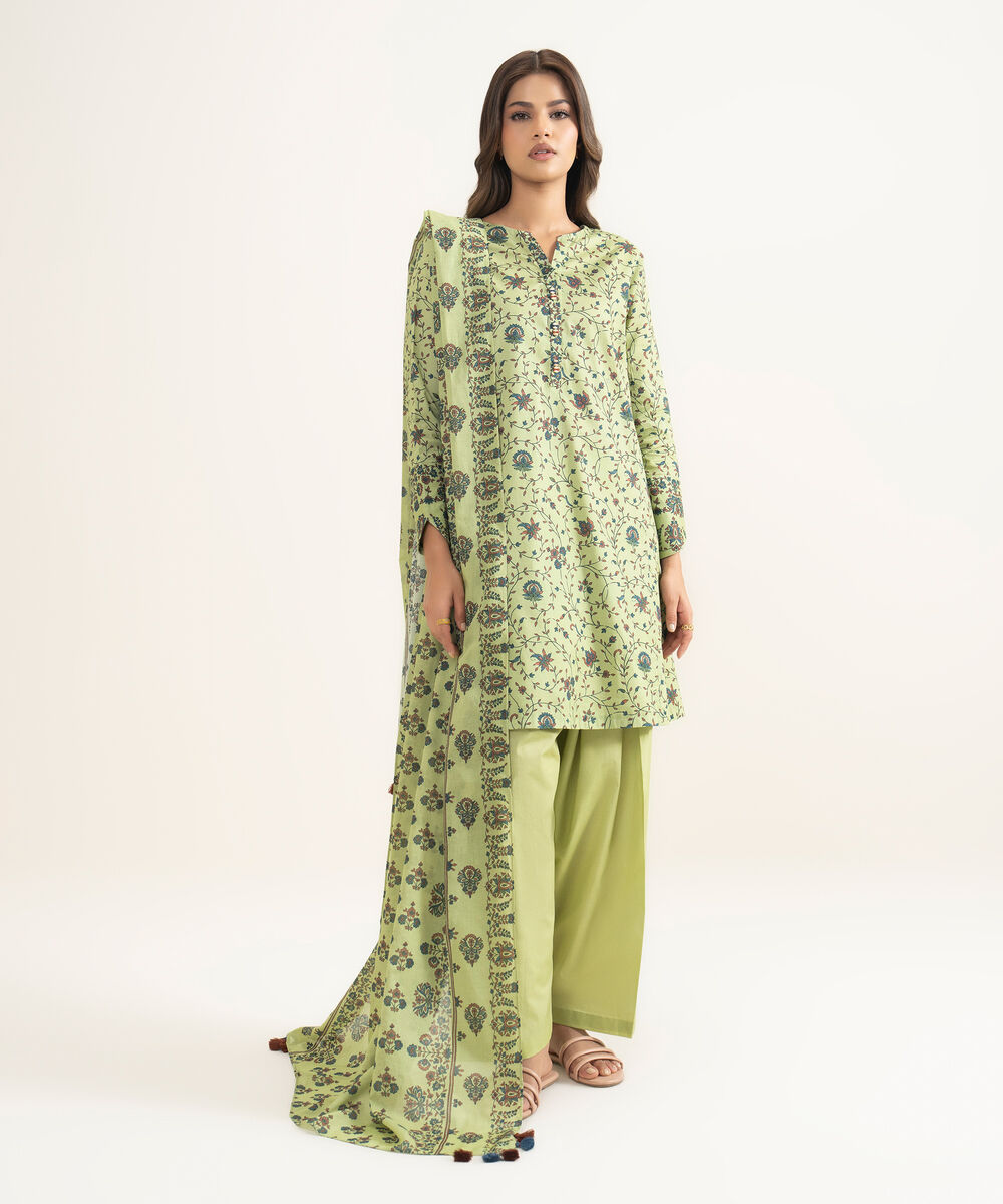 Women's Unstitched Lawn Printed Green 3 Piece Suit