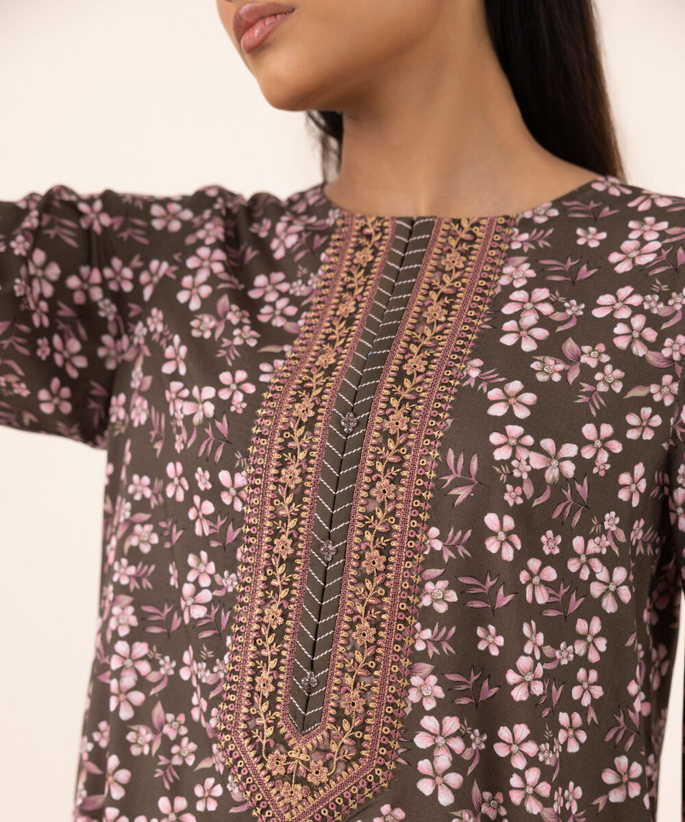 Women's RTW Arabic Lawn Brown Embroidered A-Line Shirt