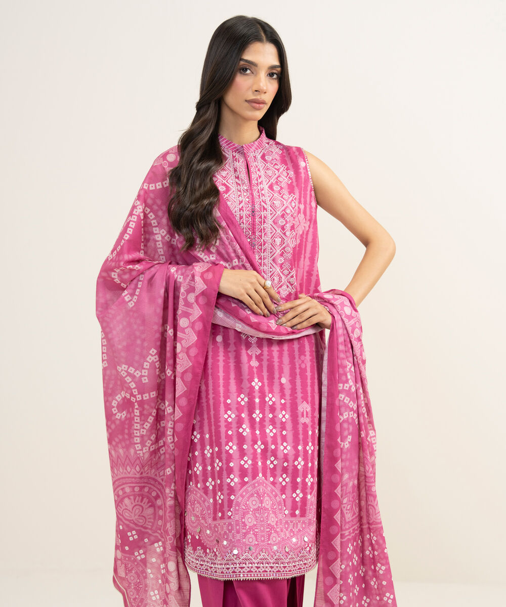Women's Unstitched Lawn Embroidered Pink 3 Piece Suit