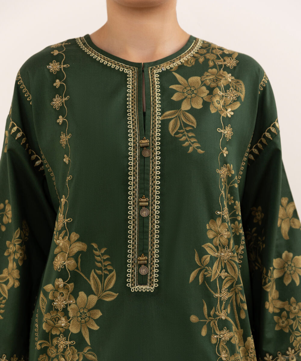 Women's Unstitched Lawn Embroidered Green Three Piece Suit