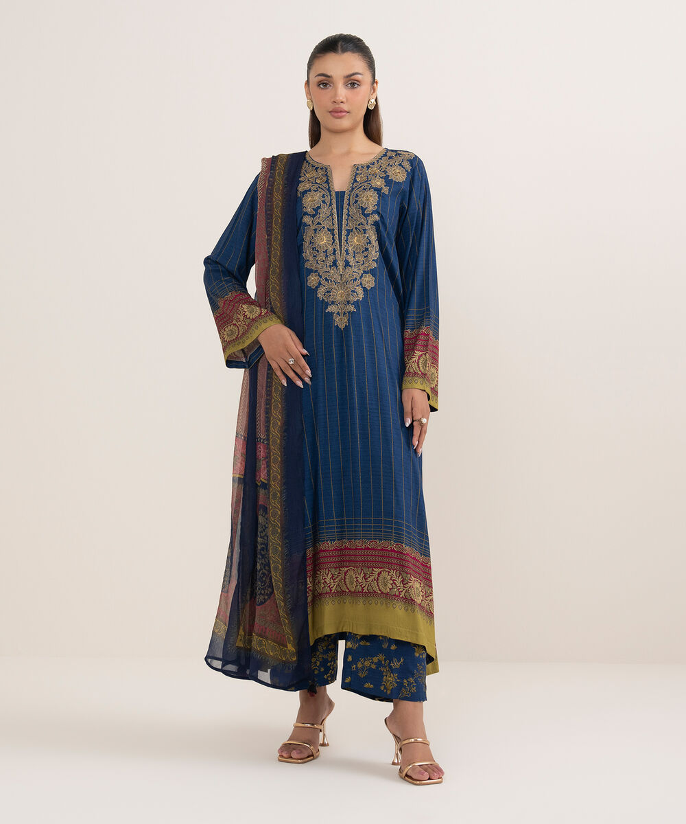 Women's RTW Arabic Lawn Blue Printed Aline Shirt