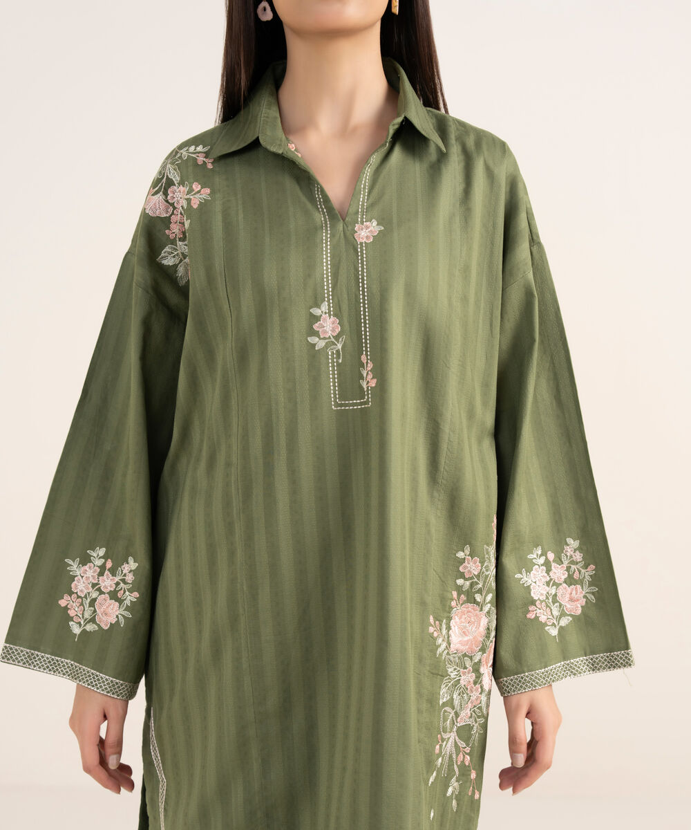 Women's RTW Textured Lawn Green Embroidered Boxy Shirt