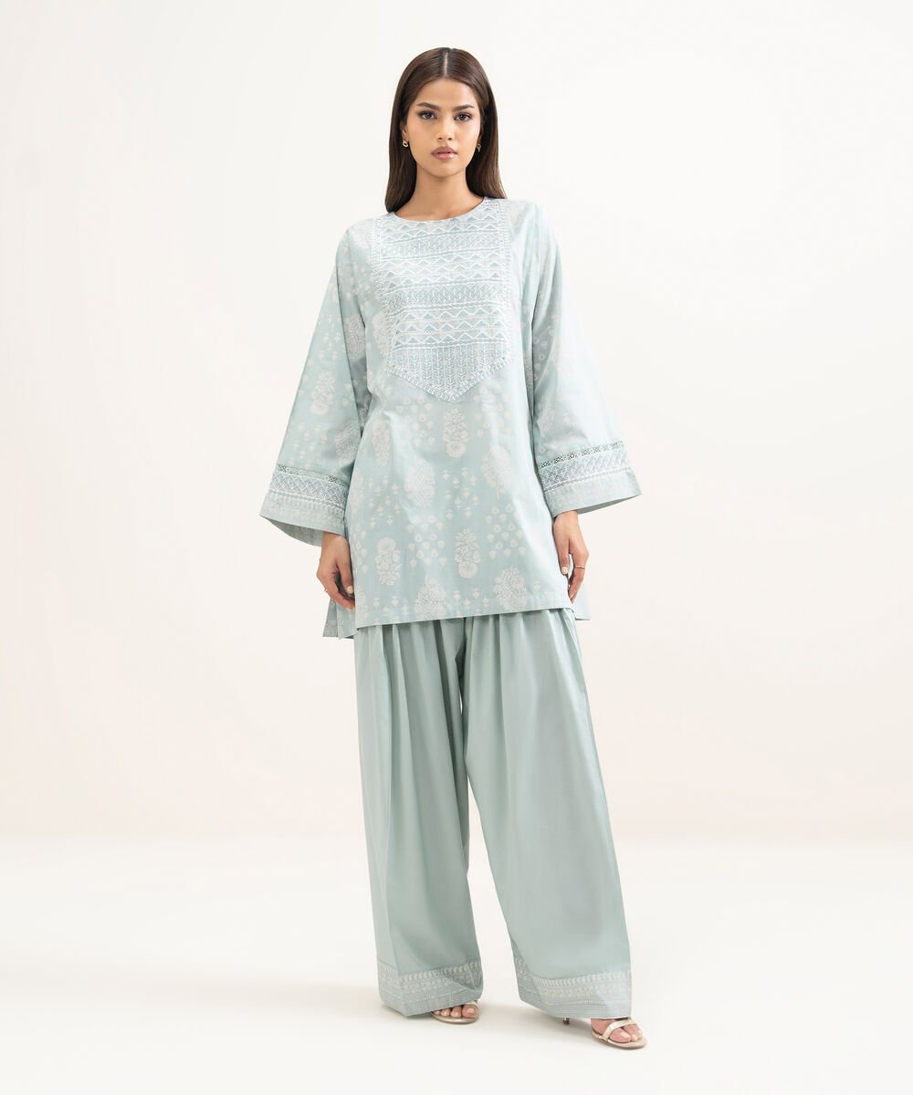 Women's RTW Lawn Embroidered Blue Boxy Shirt