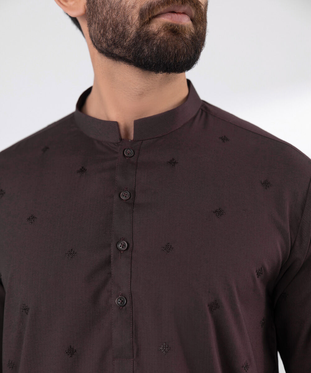 Men's Blended Stitched Embroidered Maroon Kurta