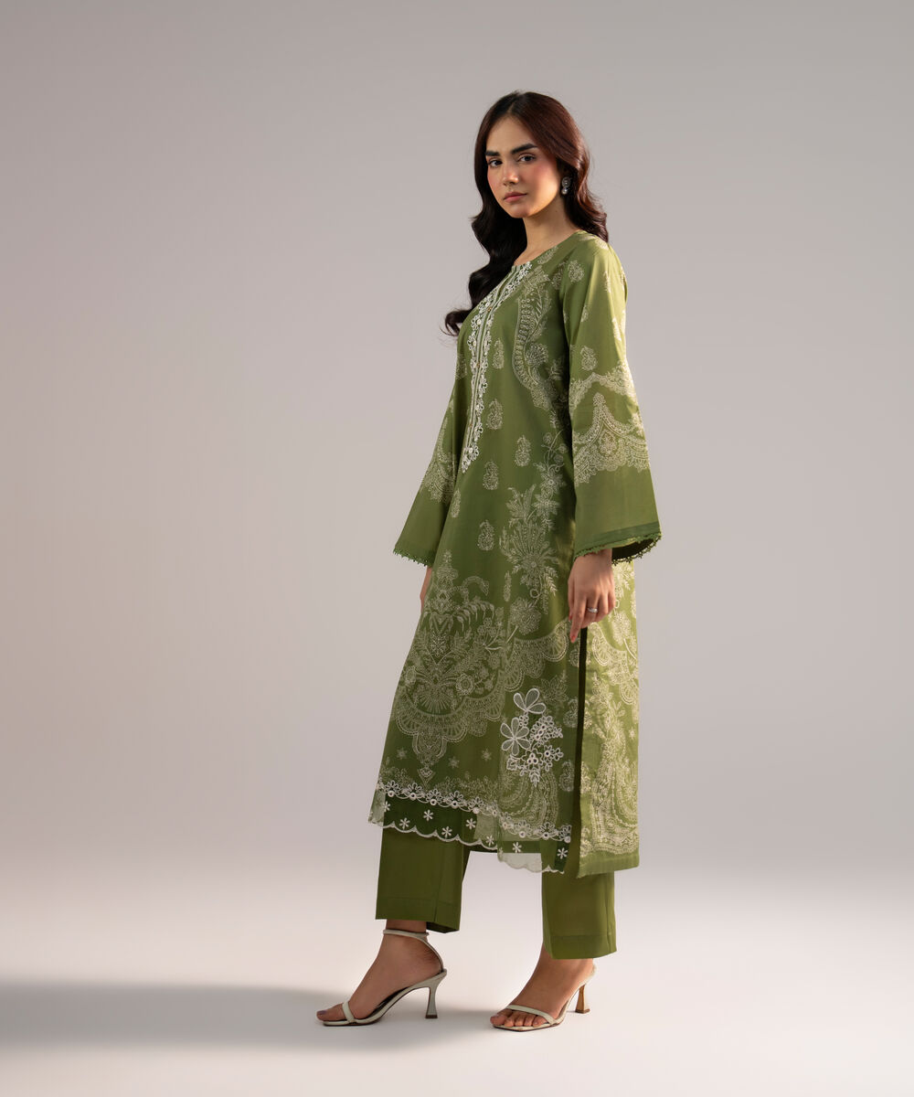 Women's RTW Lawn Embroidered Dark Green 2 Piece Suit