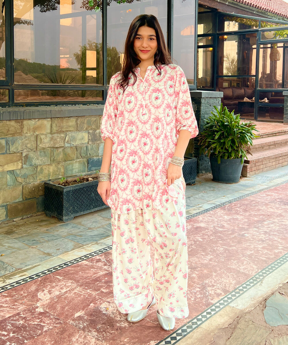 Women's RTW Linen Viscose Printed White Straight Shirt