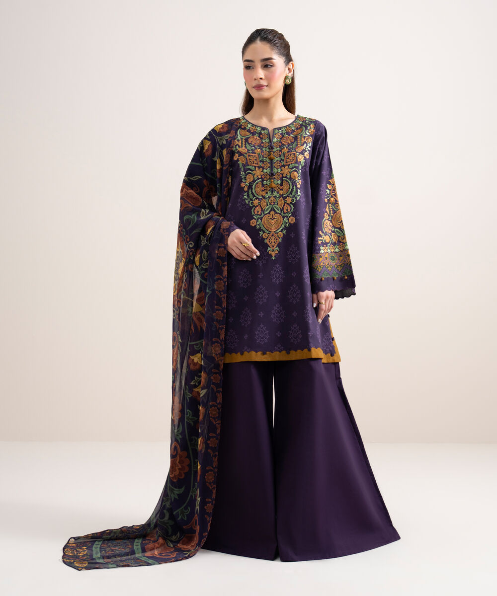 Women's Unstitched Lawn Embroidered Purple 3 Piece Suit
