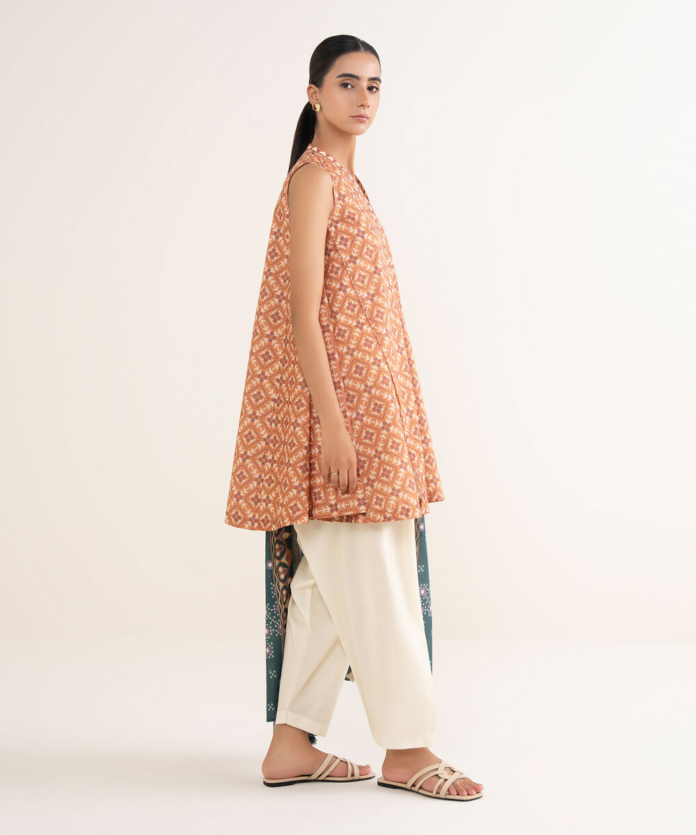 Women's Unstitched Lawn Printed Orange 2 Piece Suit