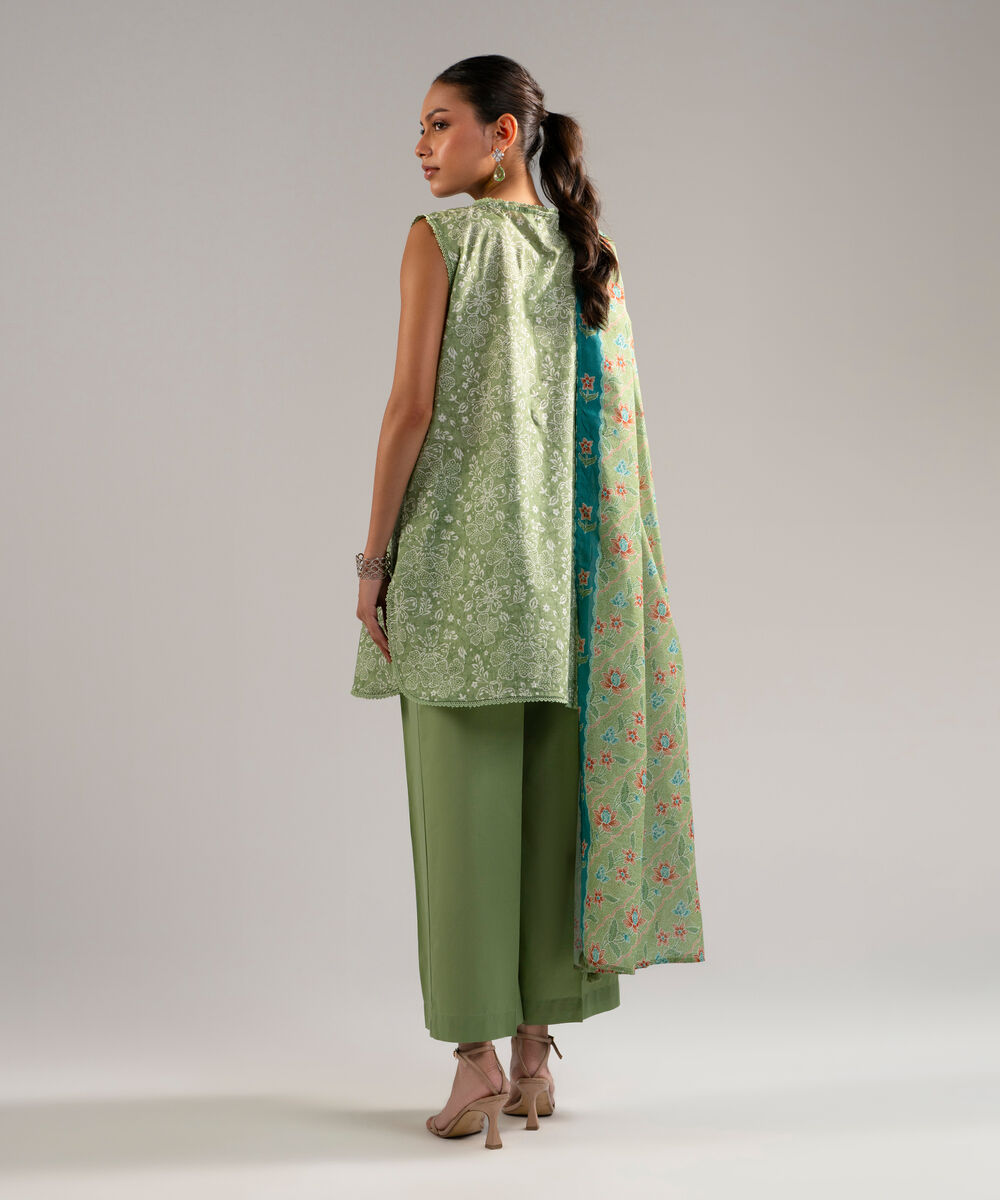 Women's RTW Slub Lawn Printed Green 3 Piece Suit