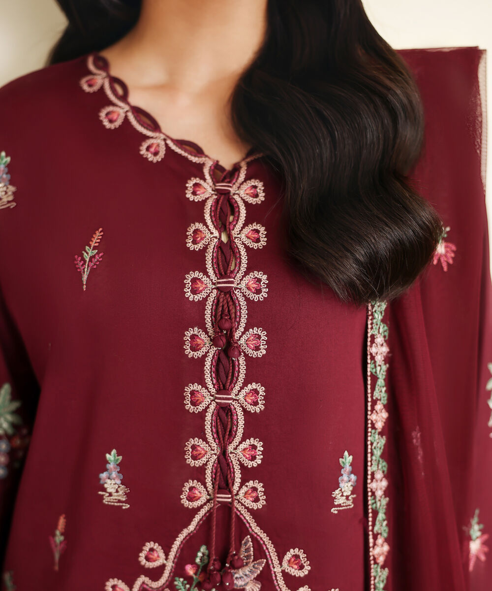 Women's Unstitched Fine Cotton Satin Embroidered Red 3 Piece Suit