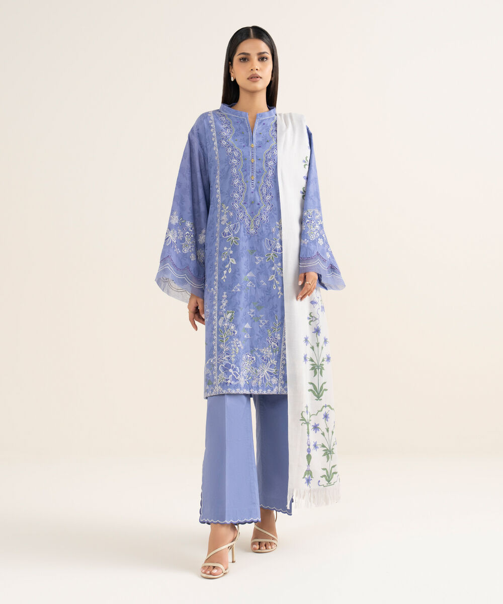 Women's Unstitched Embroidered Cotton Jacquard Blue 3 Piece Suit