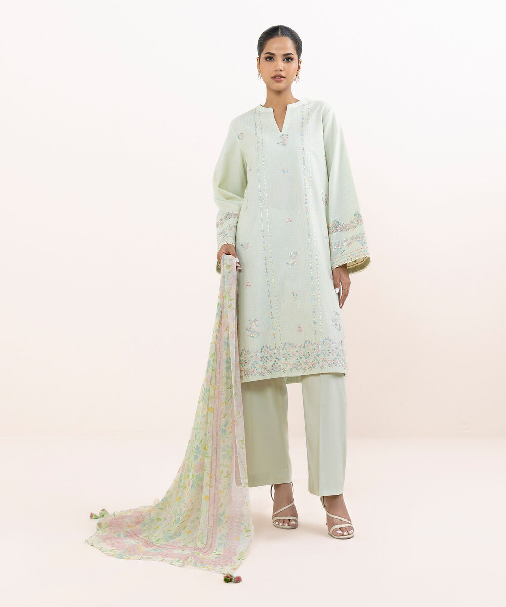 Women's Unstitched Linen Jacquard Dyed Three Piece Suit