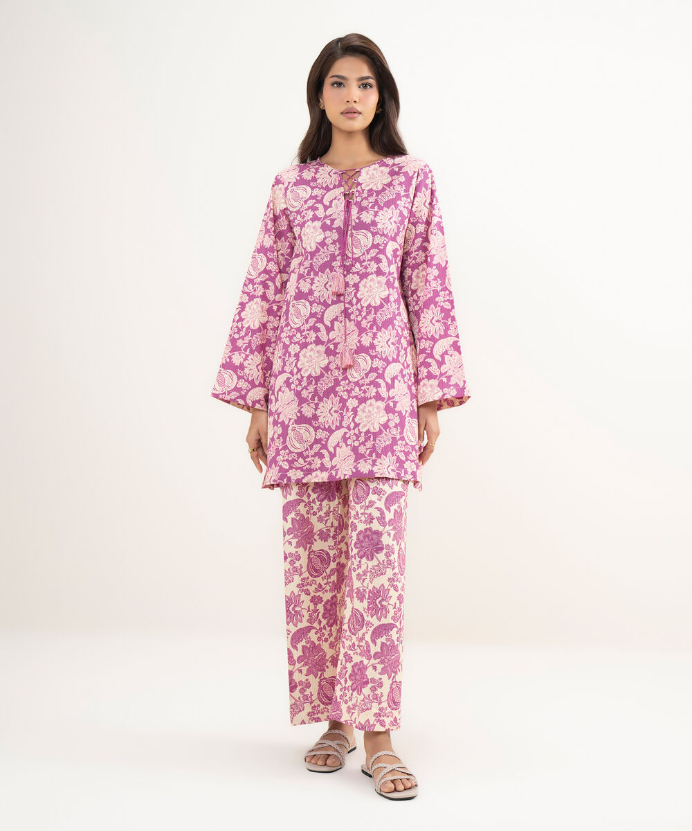 Women's RTW Seersucker Printed Purple Straight Shirt