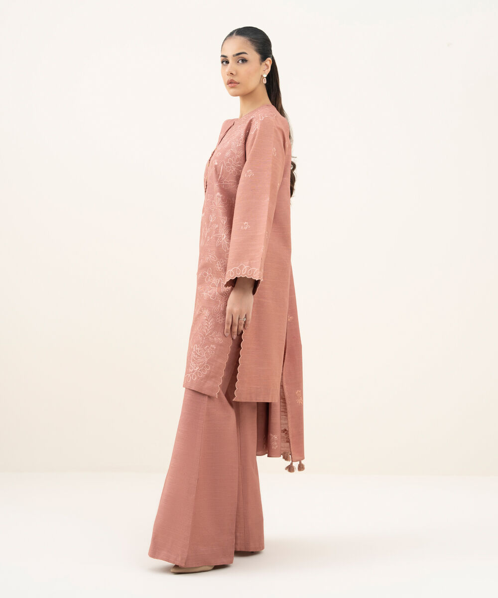 Women's Unstitched Embroidered Khaddar Tea Pink 3 Piece Suit