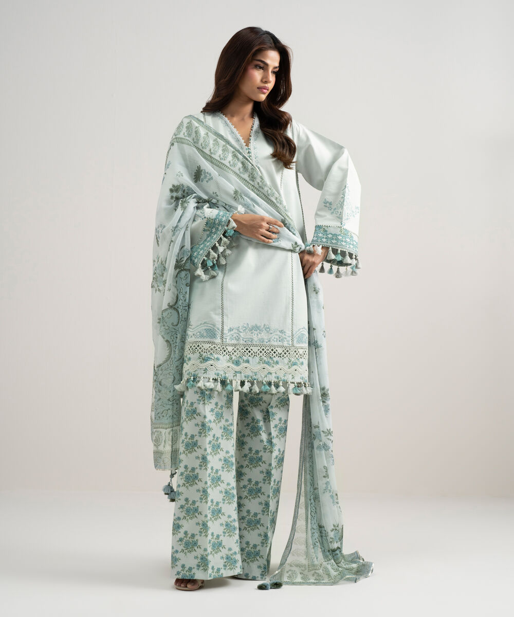 Women's Unstitched Textured Lawn Embroidered Green 3 Piece Suit