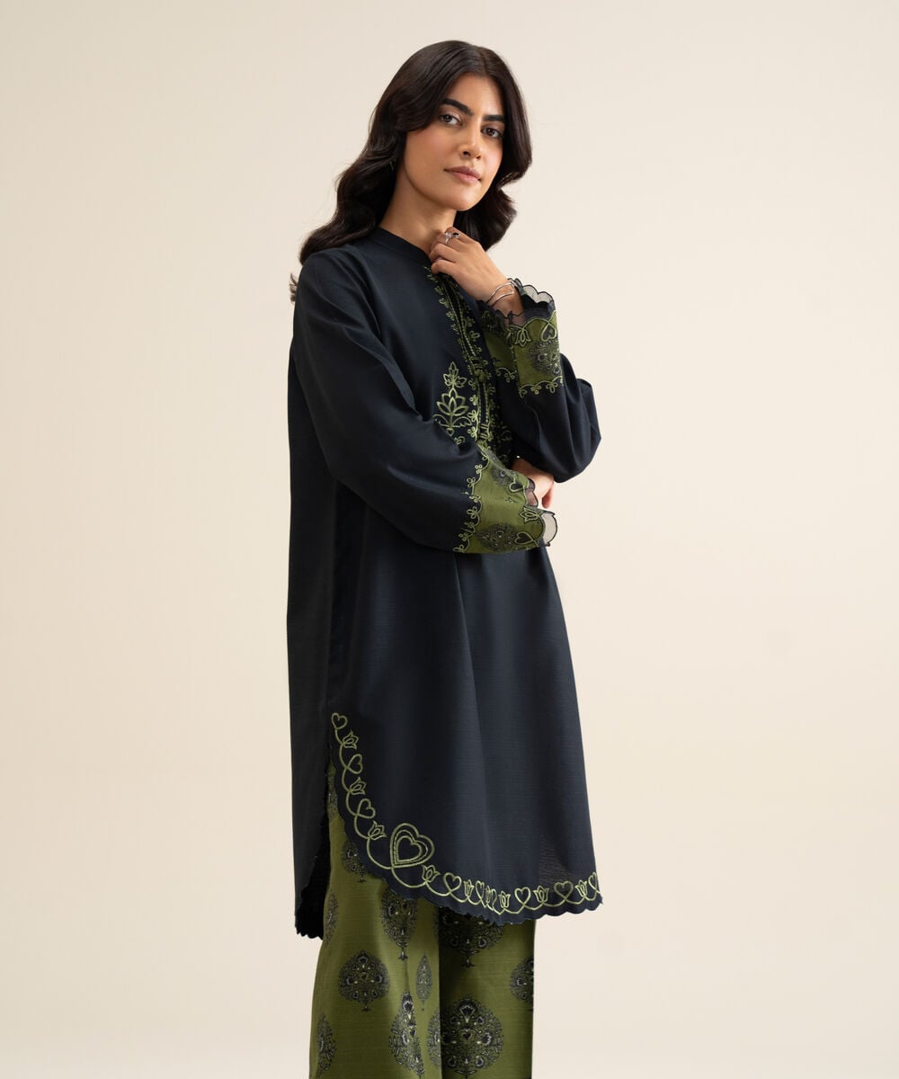 Women's Unstitched Light Khaddar Embroidered Black 2 Piece Suit