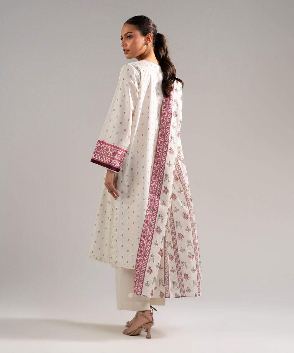 Women's RTW Slub Lawn Printed White 3 Piece Suit
