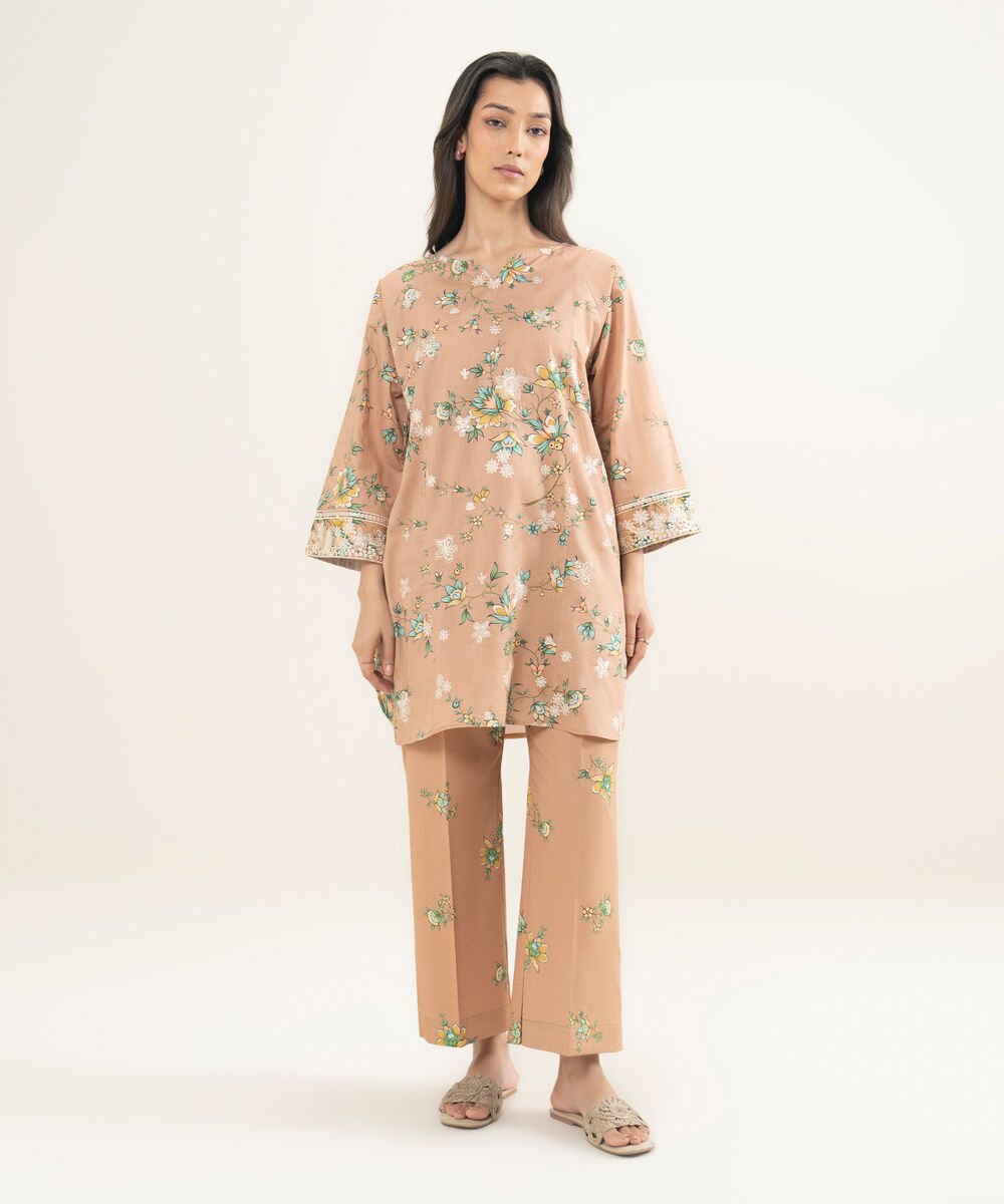 Women's RTW Crosshatch Embroidered Peach Straight Shirt