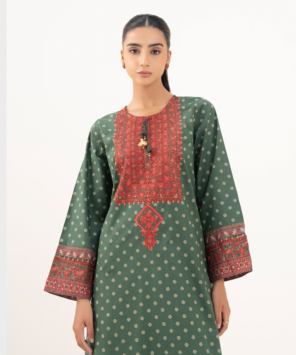 Women's RTW Cambric Green Embroidered A-Line Shirt