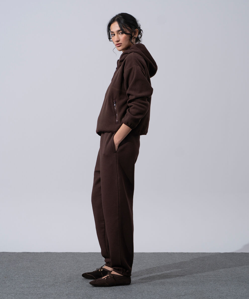 Women's Western Wear Brown Polyester Quarter-Zip Fleece Hoodie
