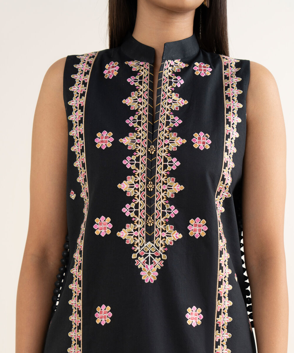 Women's Unstitched Embroidered Cotton Black 3 Piece Suit